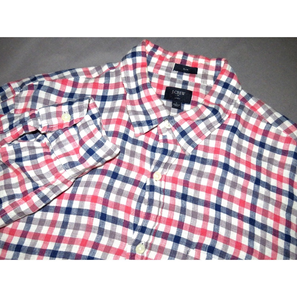 J.CREW 100% Linen Long Sleeved Plaid Button Up Shirt Men's Slim Fit‎ Large